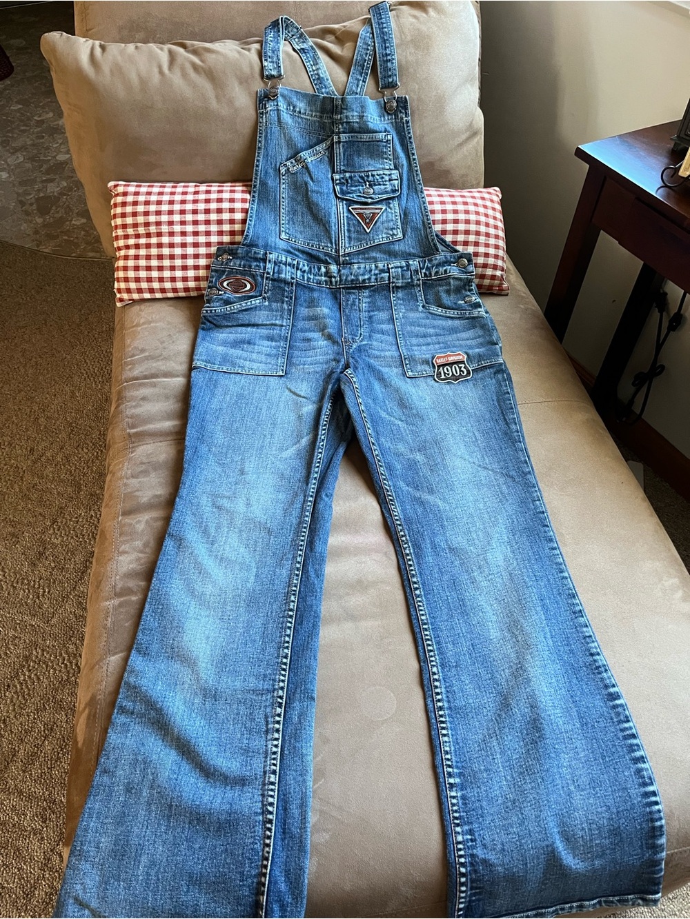 Harley-Davidson Distressed Blue Denim Women's Overalls with Patches Size 12